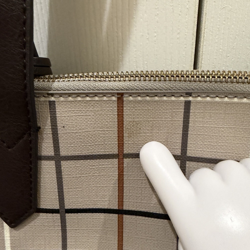Fossil Sydney Large Tote Bag Gray Black Brown Plaid Windowpane PVC 17x12x4 - Picture 8 of 12